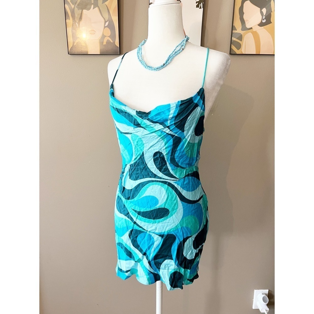 Zara Blue Printed Retro Drape Front Mini Dress
